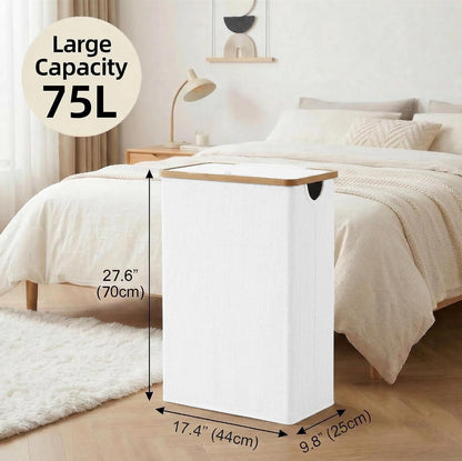 Slim Laundry Basket with Lid, Narrow Laundry Hamper with Removable Bag, Skinny Dirty Clothes Basket with Bamboo Handles for Bathroom, Bedroom & Laundry Room, 90L Beige