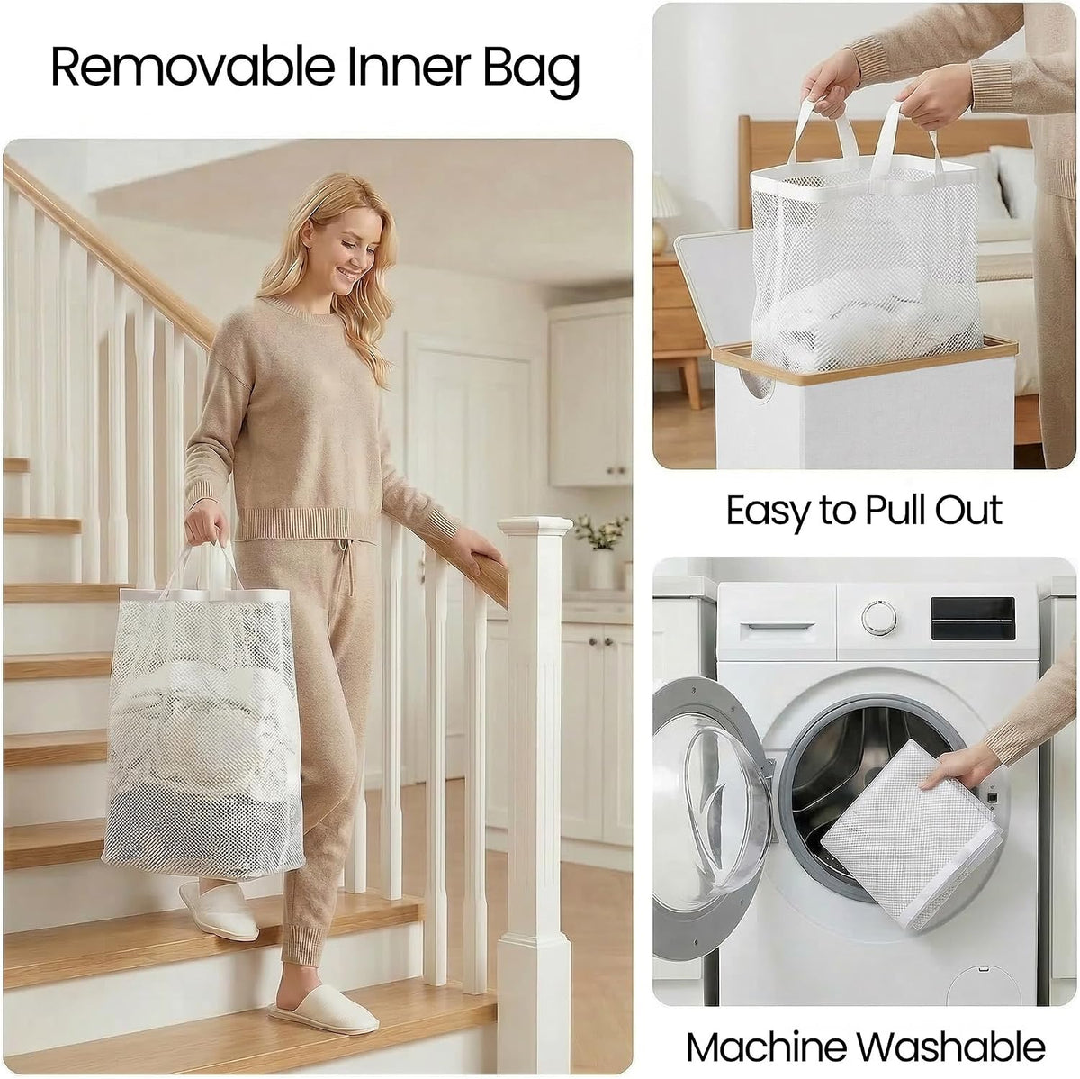 Slim Laundry Basket with Lid, Narrow Laundry Hamper with Removable Bag, Skinny Dirty Clothes Basket with Bamboo Handles for Bathroom, Bedroom & Laundry Room, 90L Beige