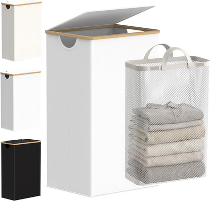 Slim Laundry Basket with Lid, Narrow Laundry Hamper with Removable Bag, Skinny Dirty Clothes Basket with Bamboo Handles for Bathroom, Bedroom & Laundry Room, 90L Beige