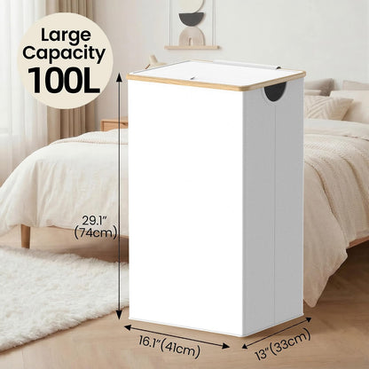 Slim Laundry Basket with Lid, Narrow Laundry Hamper with Removable Bag, Skinny Dirty Clothes Basket with Bamboo Handles for Bathroom, Bedroom & Laundry Room, 90L Beige