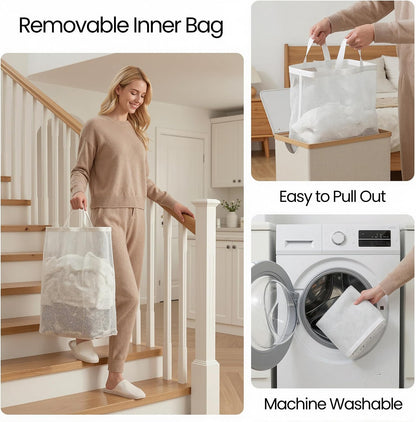 Slim Laundry Basket with Lid, Narrow Laundry Hamper with Removable Bag, Skinny Dirty Clothes Basket with Bamboo Handles for Bathroom, Bedroom & Laundry Room, 90L Beige
