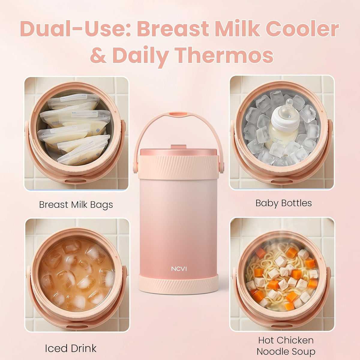 Portable Breast Milk Cooler Bottle, 20oz Temperature Display, Pink