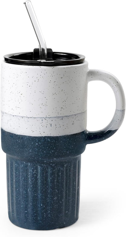 Ceramic Travel Mug with Lid and Glass Straw, 16 oz Handmade Stoneware Coffee Mug, Speckled Navy Blue Travel Cup, Reusable Ceramic Tumbler with Handle, Fits Most Car Cup Holders