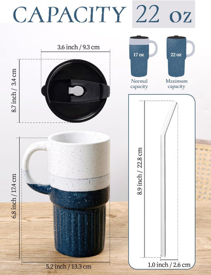 Ceramic Travel Mug with Lid and Glass Straw, 16 oz Handmade Stoneware Coffee Mug, Speckled Navy Blue Travel Cup, Reusable Ceramic Tumbler with Handle, Fits Most Car Cup Holders