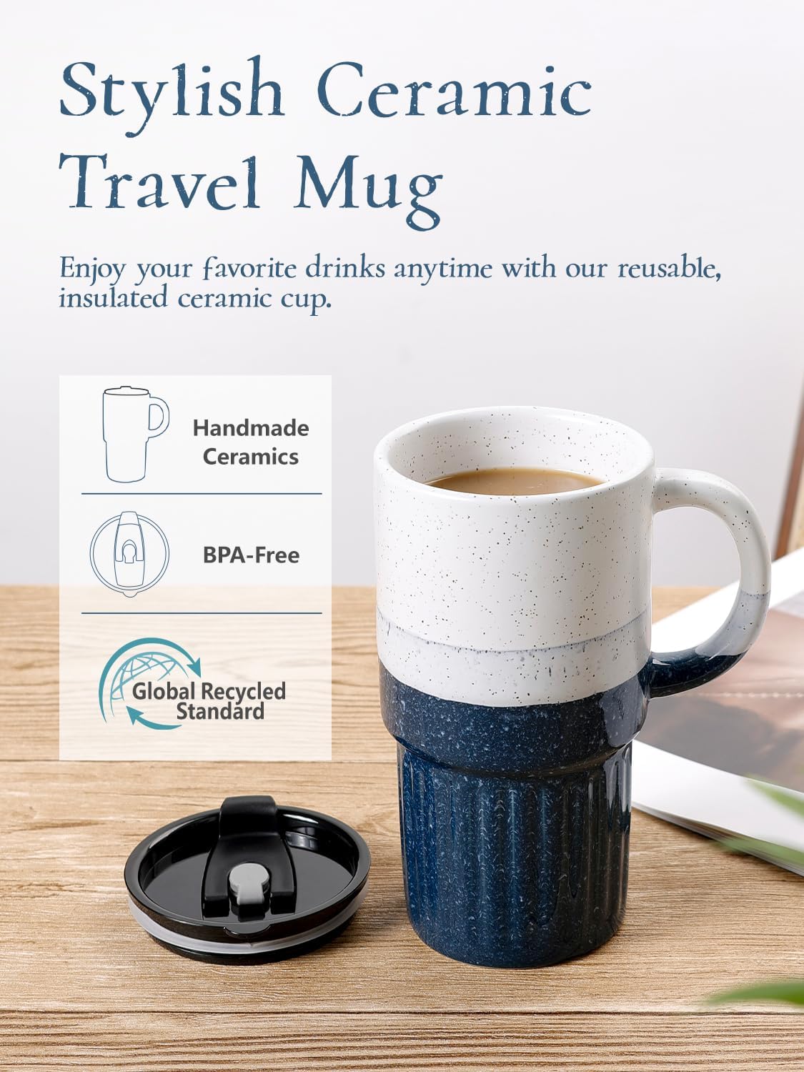 Ceramic Travel Mug with Lid and Glass Straw, 16 oz Handmade Stoneware Coffee Mug, Speckled Navy Blue Travel Cup, Reusable Ceramic Tumbler with Handle, Fits Most Car Cup Holders