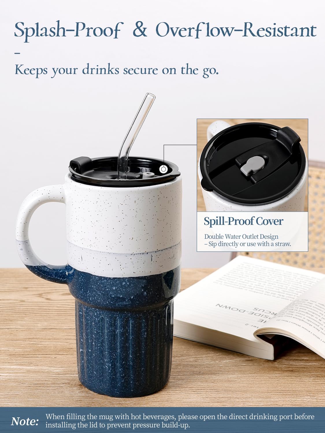 Ceramic Travel Mug with Lid and Glass Straw, 16 oz Handmade Stoneware Coffee Mug, Speckled Navy Blue Travel Cup, Reusable Ceramic Tumbler with Handle, Fits Most Car Cup Holders