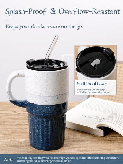 Ceramic Travel Mug with Lid and Glass Straw, 16 oz Handmade Stoneware Coffee Mug, Speckled Navy Blue Travel Cup, Reusable Ceramic Tumbler with Handle, Fits Most Car Cup Holders