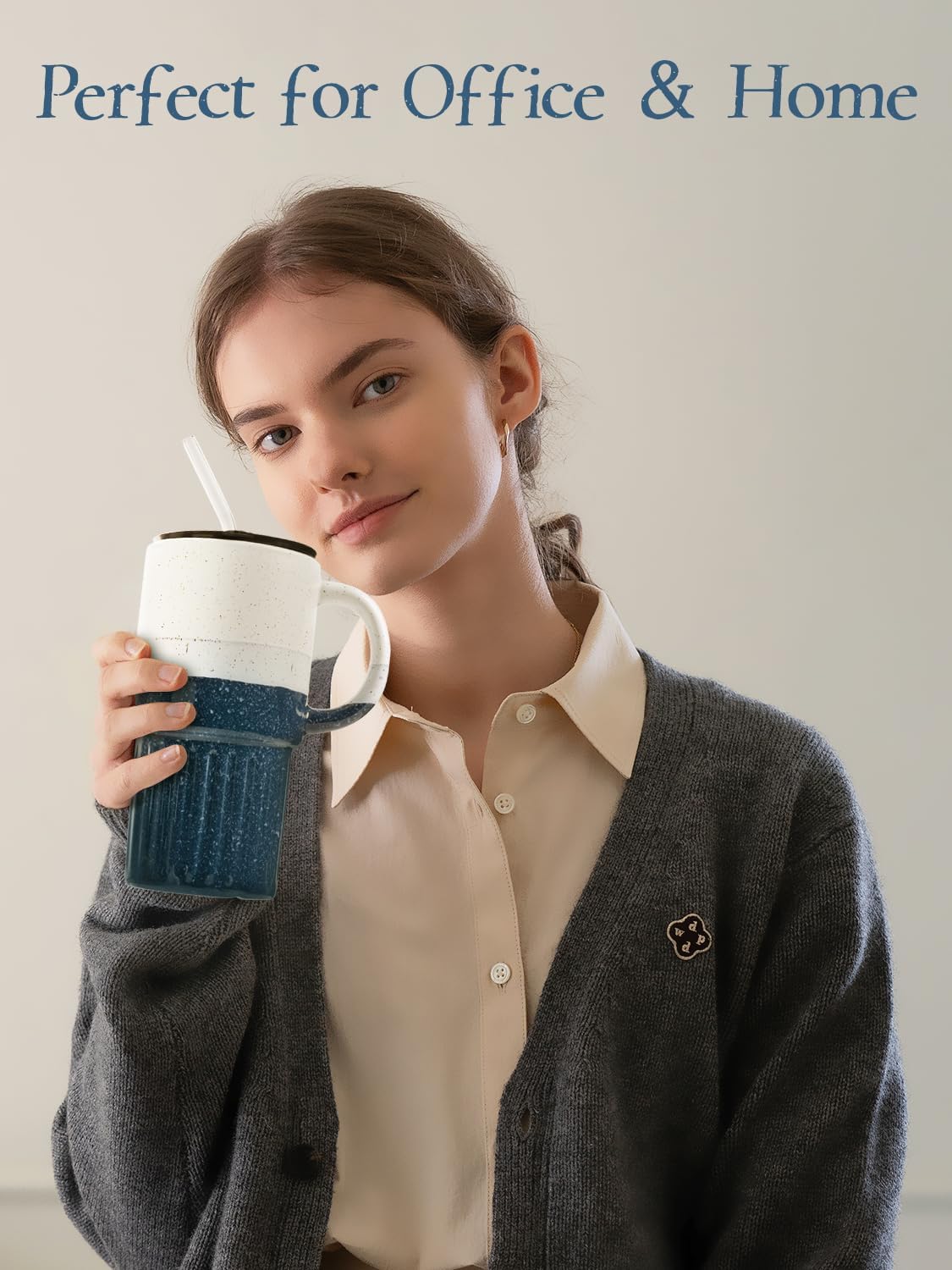 Ceramic Travel Mug with Lid and Glass Straw, 16 oz Handmade Stoneware Coffee Mug, Speckled Navy Blue Travel Cup, Reusable Ceramic Tumbler with Handle, Fits Most Car Cup Holders