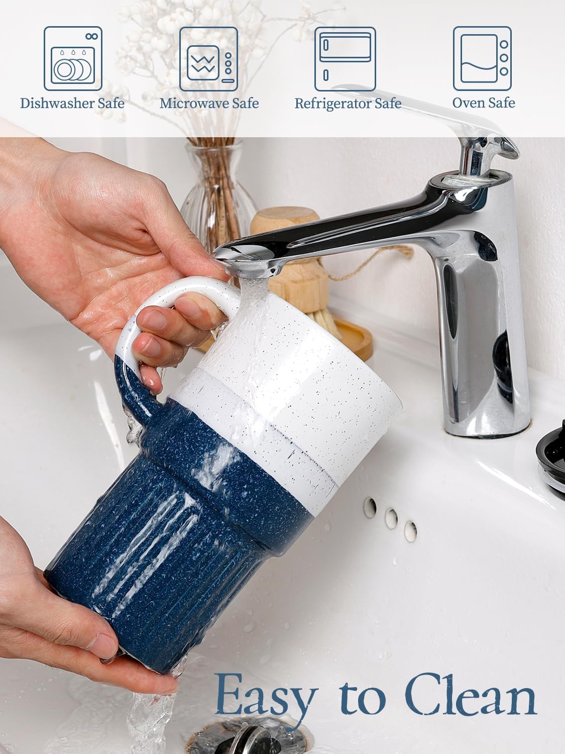 Ceramic Travel Mug with Lid and Glass Straw, 16 oz Handmade Stoneware Coffee Mug, Speckled Navy Blue Travel Cup, Reusable Ceramic Tumbler with Handle, Fits Most Car Cup Holders