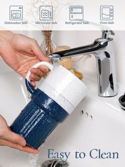Ceramic Travel Mug with Lid and Glass Straw, 16 oz Handmade Stoneware Coffee Mug, Speckled Navy Blue Travel Cup, Reusable Ceramic Tumbler with Handle, Fits Most Car Cup Holders