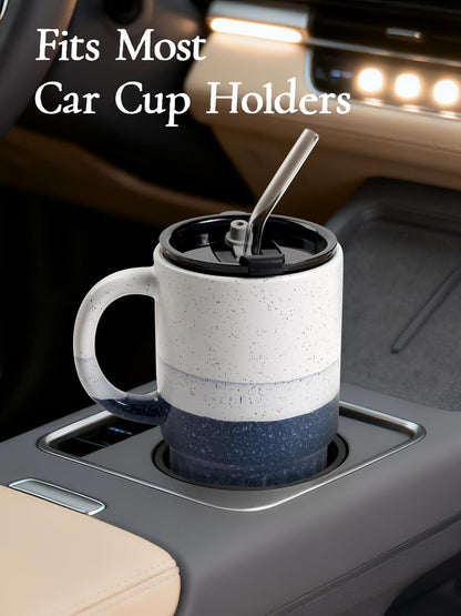Ceramic Travel Mug with Lid and Glass Straw, 16 oz Handmade Stoneware Coffee Mug, Speckled Navy Blue Travel Cup, Reusable Ceramic Tumbler with Handle, Fits Most Car Cup Holders