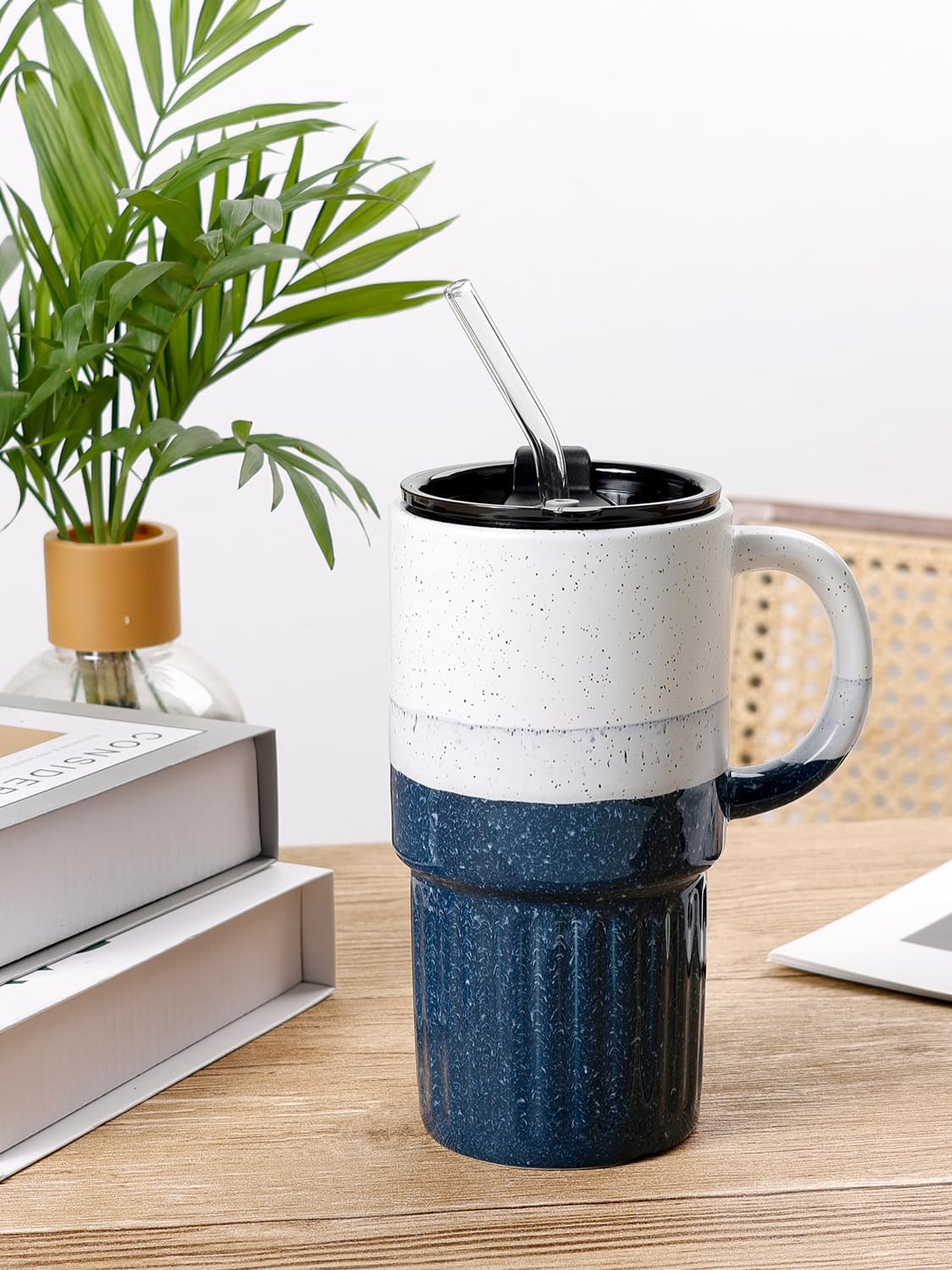 Ceramic Travel Mug with Lid and Glass Straw, 16 oz Handmade Stoneware Coffee Mug, Speckled Navy Blue Travel Cup, Reusable Ceramic Tumbler with Handle, Fits Most Car Cup Holders
