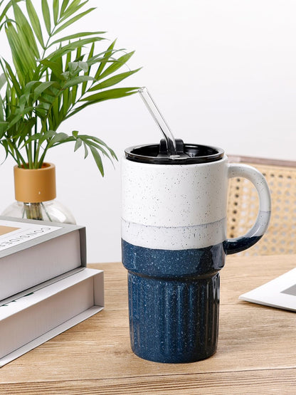 Ceramic Travel Mug with Lid and Glass Straw, 16 oz Handmade Stoneware Coffee Mug, Speckled Navy Blue Travel Cup, Reusable Ceramic Tumbler with Handle, Fits Most Car Cup Holders