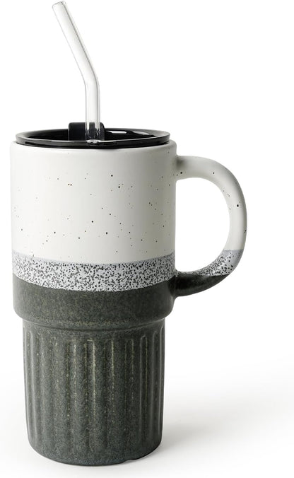 Ceramic Travel Mug with Lid and Glass Straw, 16 oz Handmade Stoneware Coffee Mug, Speckled Navy Blue Travel Cup, Reusable Ceramic Tumbler with Handle, Fits Most Car Cup Holders