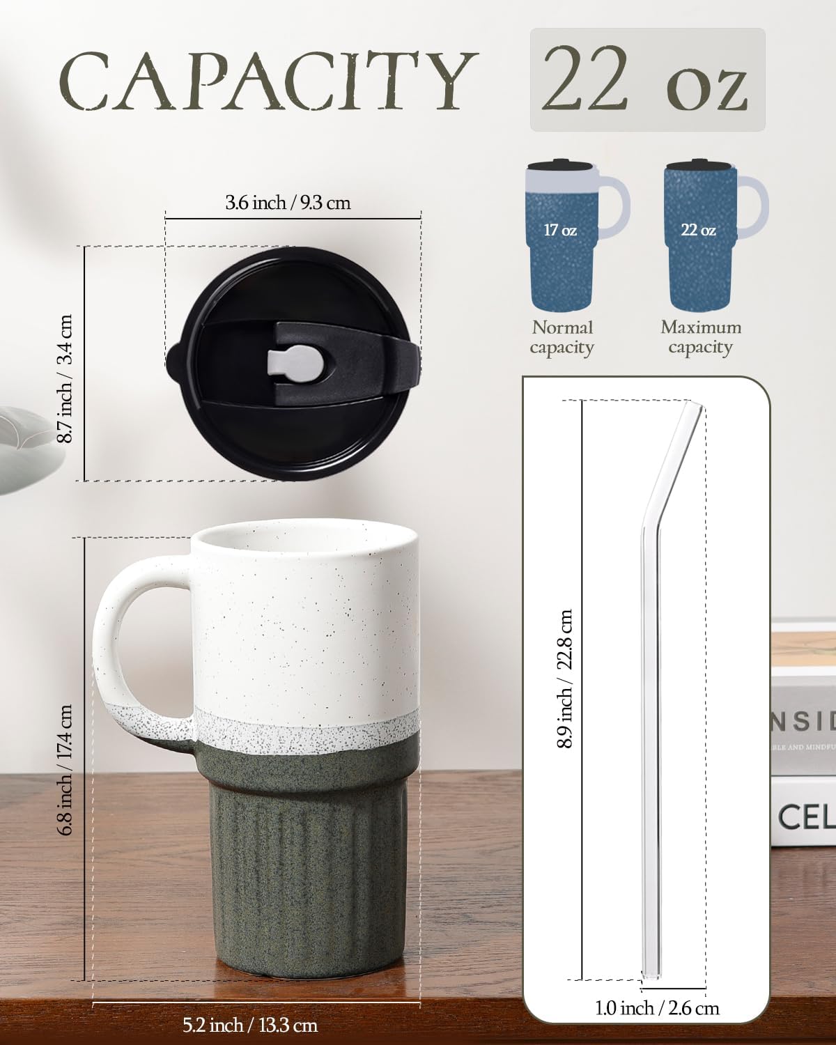 Ceramic Travel Mug with Lid and Glass Straw, 16 oz Handmade Stoneware Coffee Mug, Speckled Navy Blue Travel Cup, Reusable Ceramic Tumbler with Handle, Fits Most Car Cup Holders