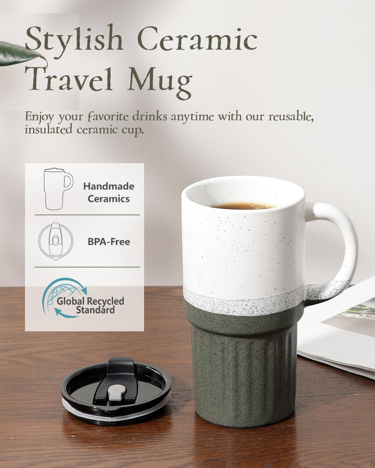 Ceramic Travel Mug with Lid and Glass Straw, 16 oz Handmade Stoneware Coffee Mug, Speckled Navy Blue Travel Cup, Reusable Ceramic Tumbler with Handle, Fits Most Car Cup Holders