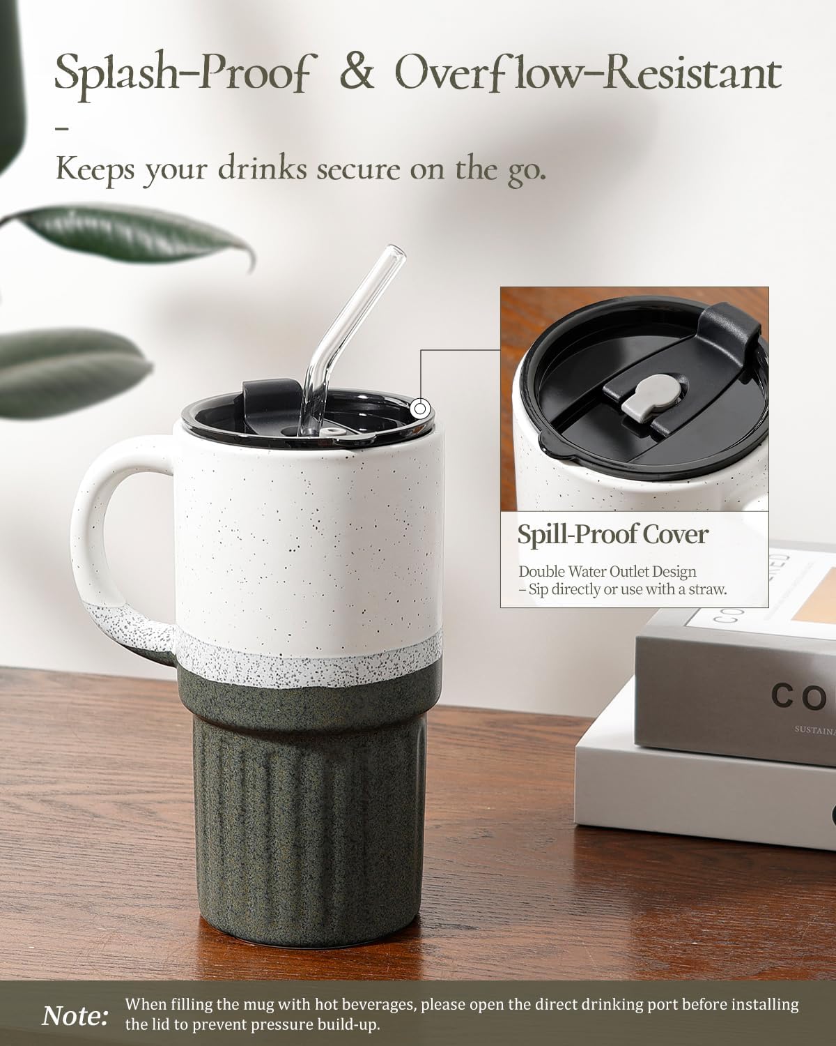 Ceramic Travel Mug with Lid and Glass Straw, 16 oz Handmade Stoneware Coffee Mug, Speckled Navy Blue Travel Cup, Reusable Ceramic Tumbler with Handle, Fits Most Car Cup Holders