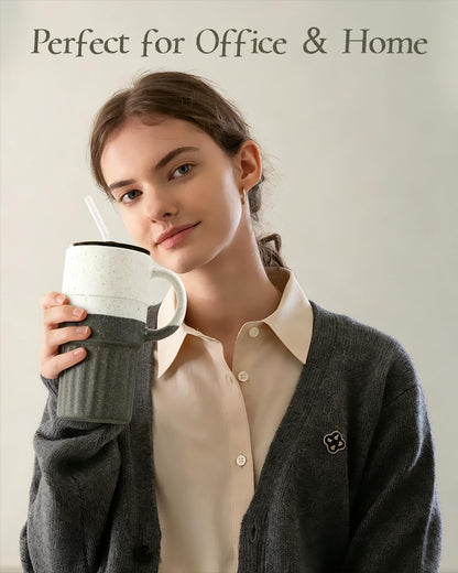 Ceramic Travel Mug with Lid and Glass Straw, 16 oz Handmade Stoneware Coffee Mug, Speckled Navy Blue Travel Cup, Reusable Ceramic Tumbler with Handle, Fits Most Car Cup Holders