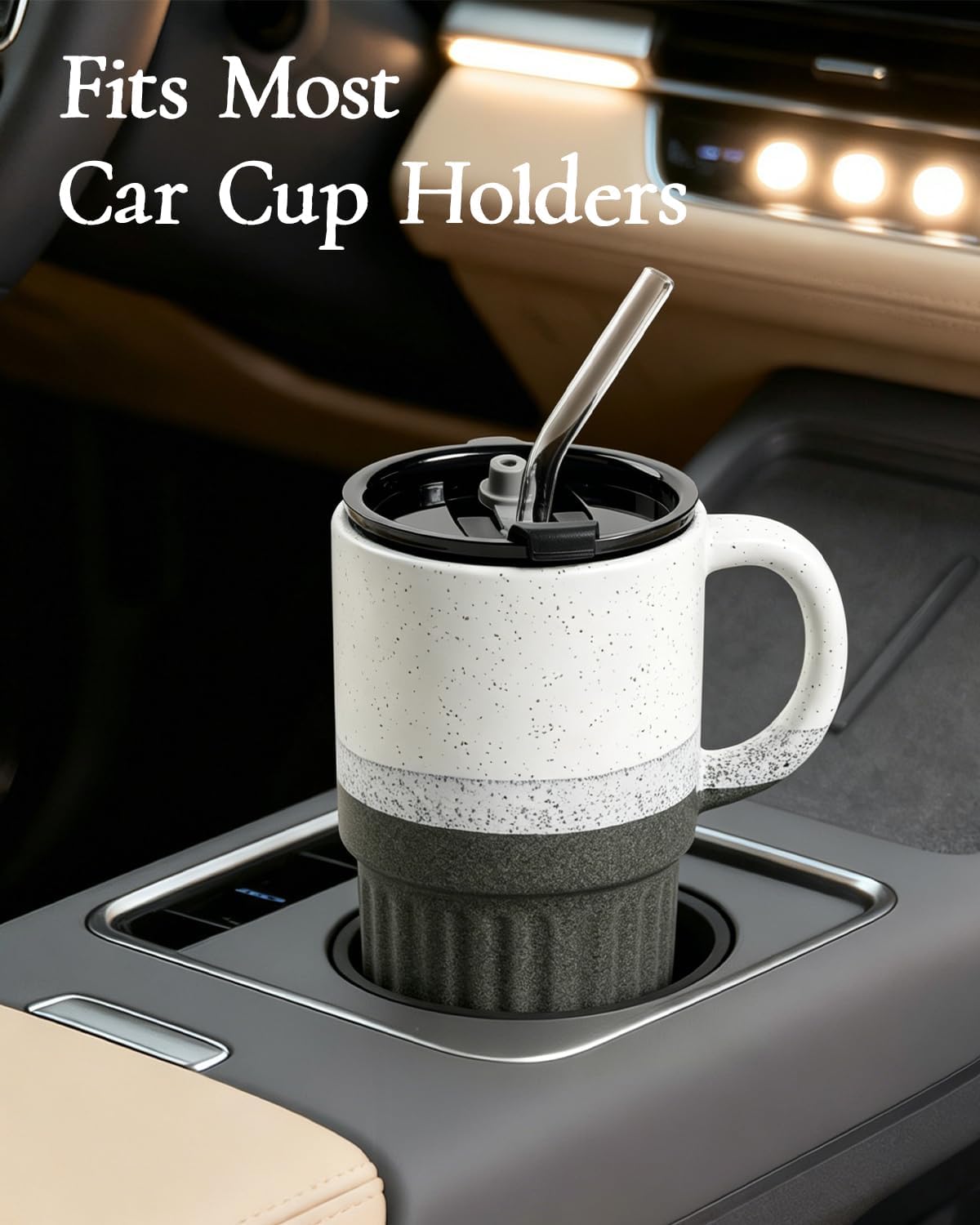 Ceramic Travel Mug with Lid and Glass Straw, 16 oz Handmade Stoneware Coffee Mug, Speckled Navy Blue Travel Cup, Reusable Ceramic Tumbler with Handle, Fits Most Car Cup Holders