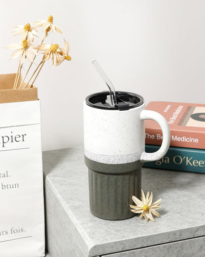 Ceramic Travel Mug with Lid and Glass Straw, 16 oz Handmade Stoneware Coffee Mug, Speckled Navy Blue Travel Cup, Reusable Ceramic Tumbler with Handle, Fits Most Car Cup Holders