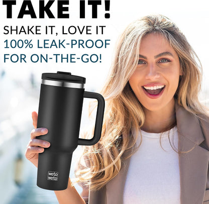 40oz Tumbler with Handle | Insulated Stainless Steel Travel Mug | 34Hrs Cold & 10Hrs Hot Retention | 100% Leakproof Lid & Straw | Dishwasher Safe + Car Cup Holder Fit (Light Dark Blue Gradient)