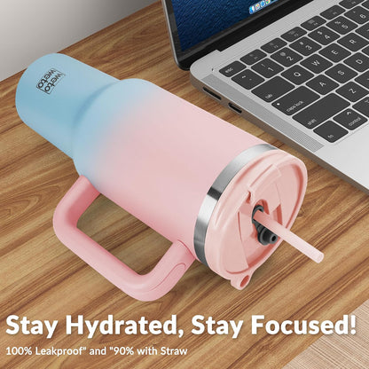 40oz Tumbler with Handle | Insulated Stainless Steel Travel Mug | 34Hrs Cold & 10Hrs Hot Retention | 100% Leakproof Lid & Straw | Dishwasher Safe + Car Cup Holder Fit (Light Dark Blue Gradient)