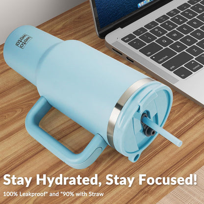 40oz Tumbler with Handle | Insulated Stainless Steel Travel Mug | 34Hrs Cold & 10Hrs Hot Retention | 100% Leakproof Lid & Straw | Dishwasher Safe + Car Cup Holder Fit (Light Dark Blue Gradient)