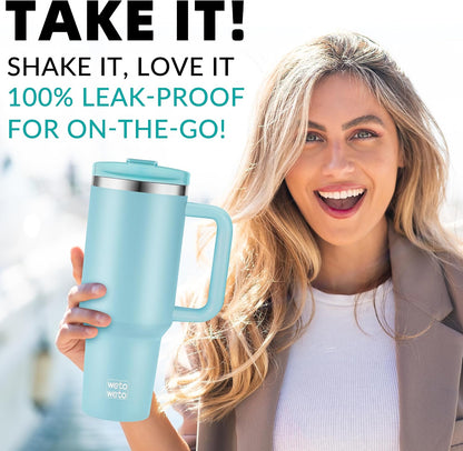 40oz Tumbler with Handle | Insulated Stainless Steel Travel Mug | 34Hrs Cold & 10Hrs Hot Retention | 100% Leakproof Lid & Straw | Dishwasher Safe + Car Cup Holder Fit (Light Dark Blue Gradient)