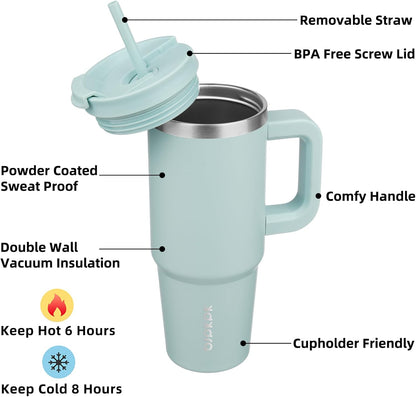 30 oz Insulated Tumbler with Handle & Straw, Stainless Steel | Double Wall Vacuum Insulation, Leak Proof, BPA Free, Dishwasher Safe, Cupholder Friendly, Travel & Outdoor, Bubble Gum