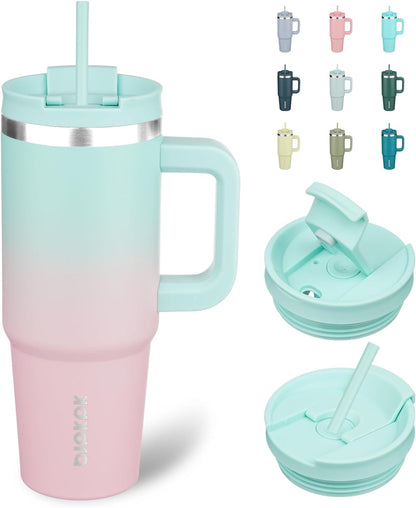 30 oz Insulated Tumbler with Handle & Straw, Stainless Steel | Double Wall Vacuum Insulation, Leak Proof, BPA Free, Dishwasher Safe, Cupholder Friendly, Travel & Outdoor, Bubble Gum
