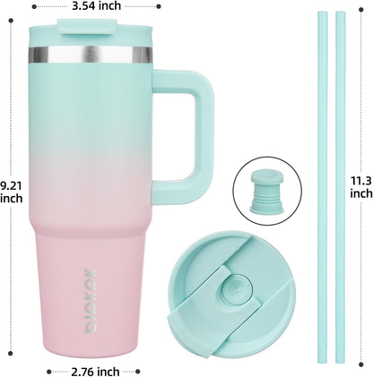 30 oz Insulated Tumbler with Handle & Straw, Stainless Steel | Double Wall Vacuum Insulation, Leak Proof, BPA Free, Dishwasher Safe, Cupholder Friendly, Travel & Outdoor, Bubble Gum