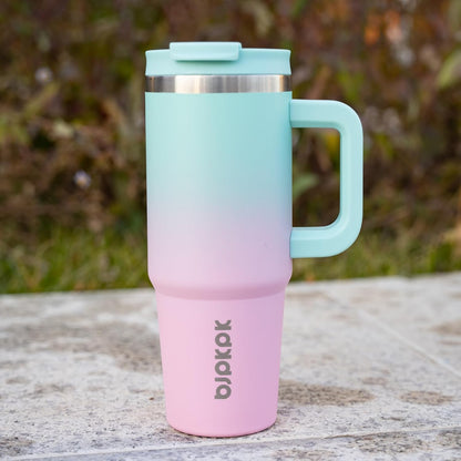30 oz Insulated Tumbler with Handle & Straw, Stainless Steel | Double Wall Vacuum Insulation, Leak Proof, BPA Free, Dishwasher Safe, Cupholder Friendly, Travel & Outdoor, Bubble Gum