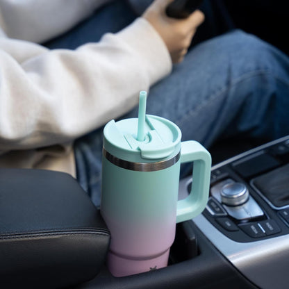 30 oz Insulated Tumbler with Handle & Straw, Stainless Steel | Double Wall Vacuum Insulation, Leak Proof, BPA Free, Dishwasher Safe, Cupholder Friendly, Travel & Outdoor, Bubble Gum