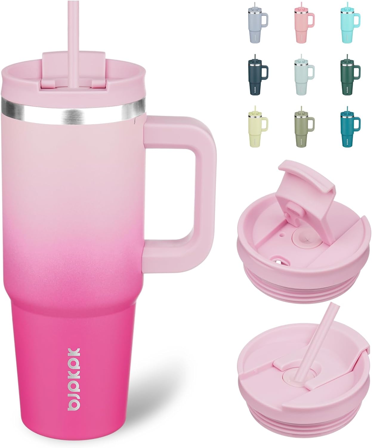 30 oz Insulated Tumbler with Handle & Straw, Stainless Steel | Double Wall Vacuum Insulation, Leak Proof, BPA Free, Dishwasher Safe, Cupholder Friendly, Travel & Outdoor, Bubble Gum