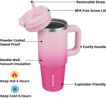 30 oz Insulated Tumbler with Handle & Straw, Stainless Steel | Double Wall Vacuum Insulation, Leak Proof, BPA Free, Dishwasher Safe, Cupholder Friendly, Travel & Outdoor, Bubble Gum
