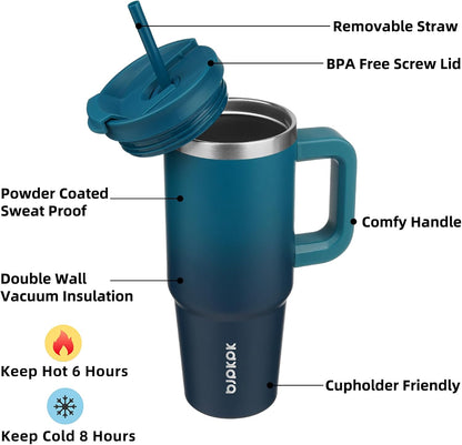 30 oz Insulated Tumbler with Handle & Straw, Stainless Steel | Double Wall Vacuum Insulation, Leak Proof, BPA Free, Dishwasher Safe, Cupholder Friendly, Travel & Outdoor, Bubble Gum