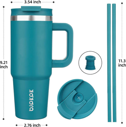 30 oz Insulated Tumbler with Handle & Straw, Stainless Steel | Double Wall Vacuum Insulation, Leak Proof, BPA Free, Dishwasher Safe, Cupholder Friendly, Travel & Outdoor, Bubble Gum