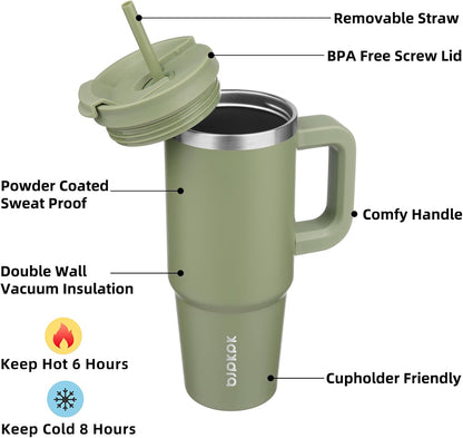 30 oz Insulated Tumbler with Handle & Straw, Stainless Steel | Double Wall Vacuum Insulation, Leak Proof, BPA Free, Dishwasher Safe, Cupholder Friendly, Travel & Outdoor, Bubble Gum