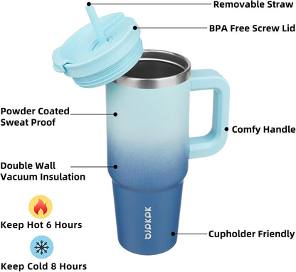 30 oz Insulated Tumbler with Handle & Straw, Stainless Steel | Double Wall Vacuum Insulation, Leak Proof, BPA Free, Dishwasher Safe, Cupholder Friendly, Travel & Outdoor, Bubble Gum