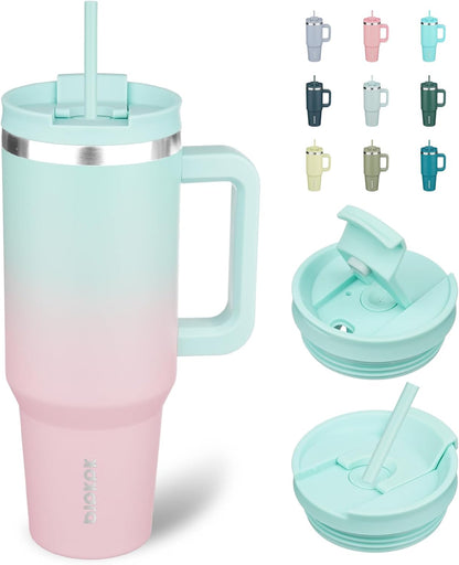 30 oz Insulated Tumbler with Handle & Straw, Stainless Steel | Double Wall Vacuum Insulation, Leak Proof, BPA Free, Dishwasher Safe, Cupholder Friendly, Travel & Outdoor, Bubble Gum