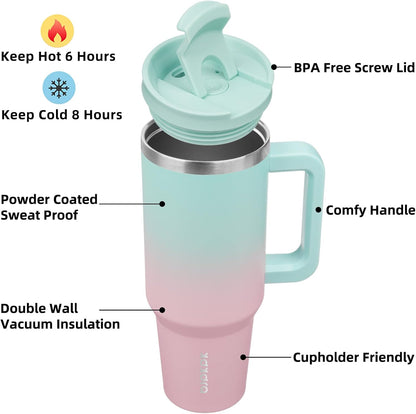30 oz Insulated Tumbler with Handle & Straw, Stainless Steel | Double Wall Vacuum Insulation, Leak Proof, BPA Free, Dishwasher Safe, Cupholder Friendly, Travel & Outdoor, Bubble Gum
