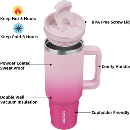 30 oz Insulated Tumbler with Handle & Straw, Stainless Steel | Double Wall Vacuum Insulation, Leak Proof, BPA Free, Dishwasher Safe, Cupholder Friendly, Travel & Outdoor, Bubble Gum