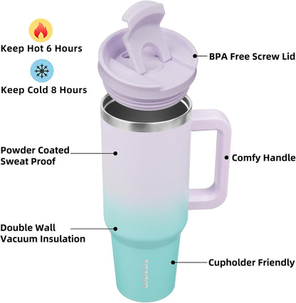 30 oz Insulated Tumbler with Handle & Straw, Stainless Steel | Double Wall Vacuum Insulation, Leak Proof, BPA Free, Dishwasher Safe, Cupholder Friendly, Travel & Outdoor, Bubble Gum