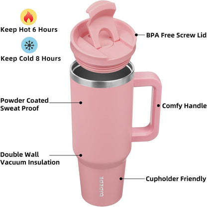 30 oz Insulated Tumbler with Handle & Straw, Stainless Steel | Double Wall Vacuum Insulation, Leak Proof, BPA Free, Dishwasher Safe, Cupholder Friendly, Travel & Outdoor, Bubble Gum