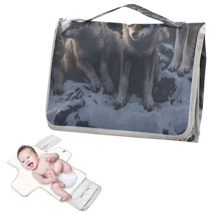 Wolf Portable Diaper Changing Pad, Waterproof Baby Changing Mat with Storage Pocket & Built-in Pillow, Foldable Travel Pad, Newborn Gift Set for Boy Girl