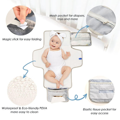 Wolf Portable Diaper Changing Pad, Waterproof Baby Changing Mat with Storage Pocket & Built-in Pillow, Foldable Travel Pad, Newborn Gift Set for Boy Girl