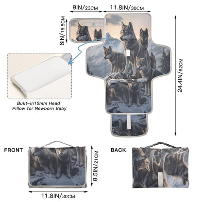 Wolf Portable Diaper Changing Pad, Waterproof Baby Changing Mat with Storage Pocket & Built-in Pillow, Foldable Travel Pad, Newborn Gift Set for Boy Girl