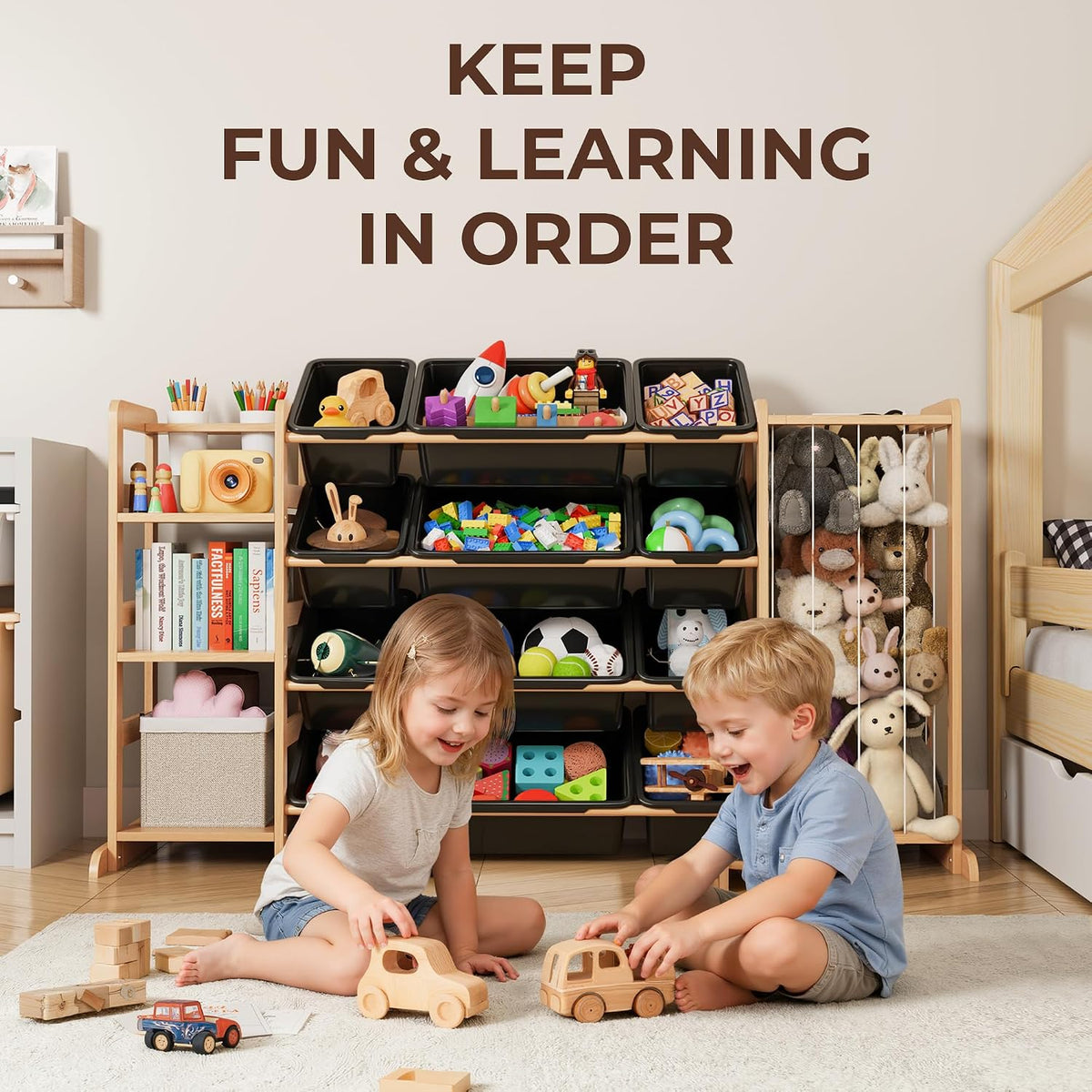 Toy Storage Organizer with Bookshelf and Stuffed Animal Storage - Kids Playroom Organization with Shelves and 12 Toy Bins - Toddler Living Room Toy Box for Lego - Nursery Bedroom Decor Essential