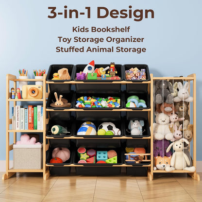 Toy Storage Organizer with Bookshelf and Stuffed Animal Storage - Kids Playroom Organization with Shelves and 12 Toy Bins - Toddler Living Room Toy Box for Lego - Nursery Bedroom Decor Essential