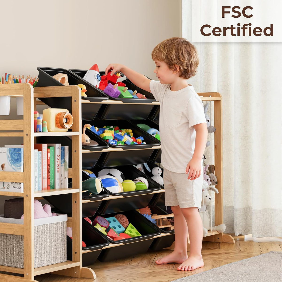 Toy Storage Organizer with Bookshelf and Stuffed Animal Storage - Kids Playroom Organization with Shelves and 12 Toy Bins - Toddler Living Room Toy Box for Lego - Nursery Bedroom Decor Essential